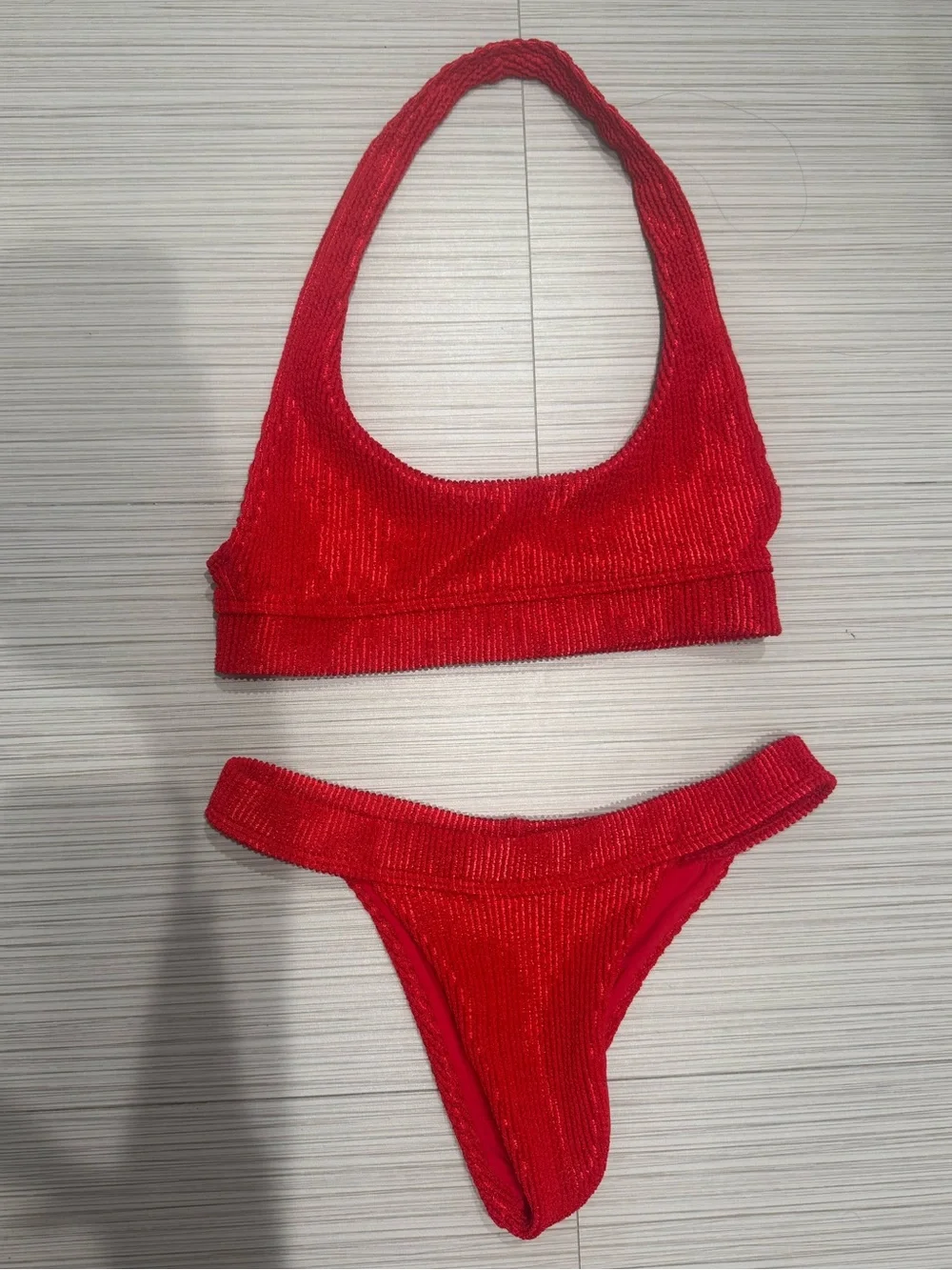 Frankie’s Bikinid Red Shiny Ribbed Halter Bikini Top and Bottom Set